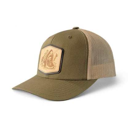 Stay Positive – Skeleton & Shark Wooden Patch Hat - 4 Arrows Creations