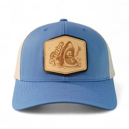 Stay Positive – Skeleton & Shark Wooden Patch Hat - 4 Arrows Creations
