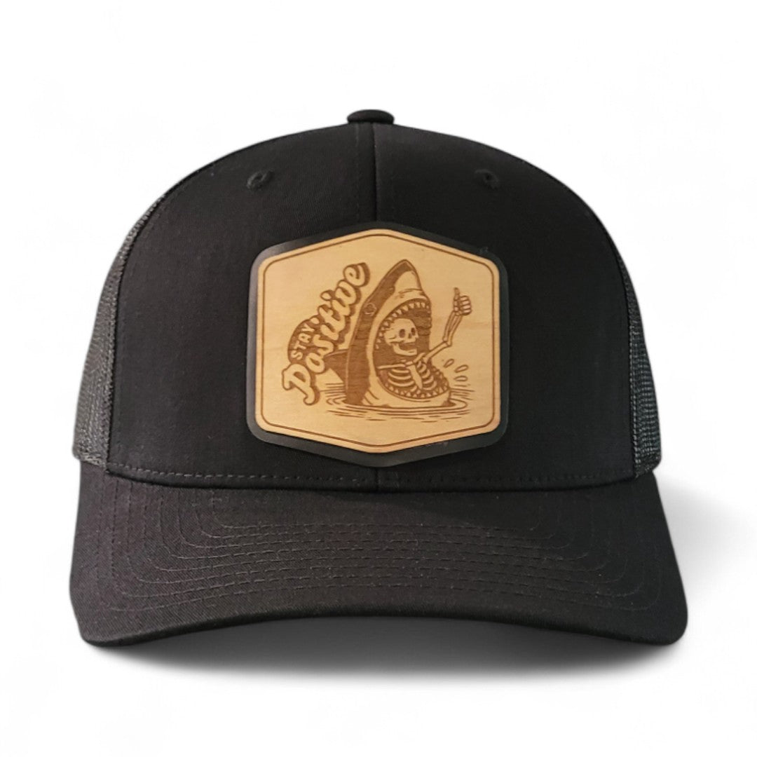 Stay Positive – Skeleton & Shark Wooden Patch Hat - 4 Arrows Creations