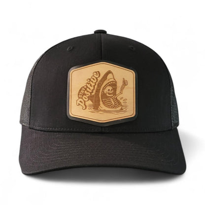Stay Positive – Skeleton & Shark Wooden Patch Hat - 4 Arrows Creations