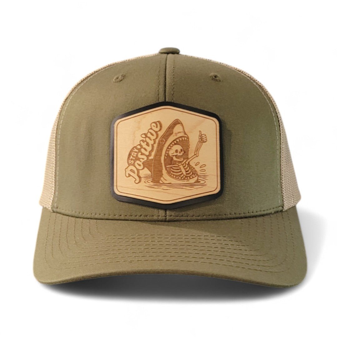 Stay Positive – Skeleton & Shark Wooden Patch Hat - 4 Arrows Creations