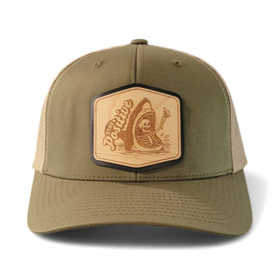 Stay Positive – Skeleton & Shark Wooden Patch Hat - 4 Arrows Creations