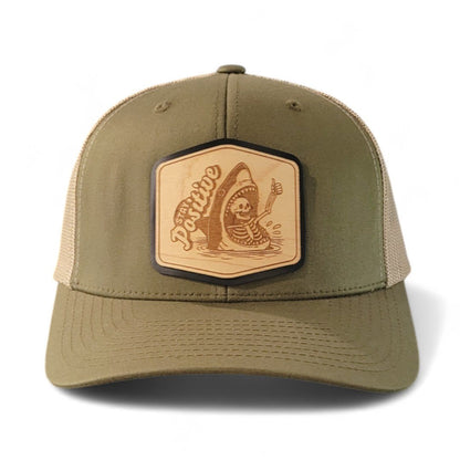 Stay Positive – Skeleton & Shark Wooden Patch Hat - 4 Arrows Creations
