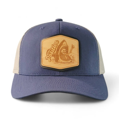 Stay Positive – Skeleton & Shark Wooden Patch Hat - 4 Arrows Creations
