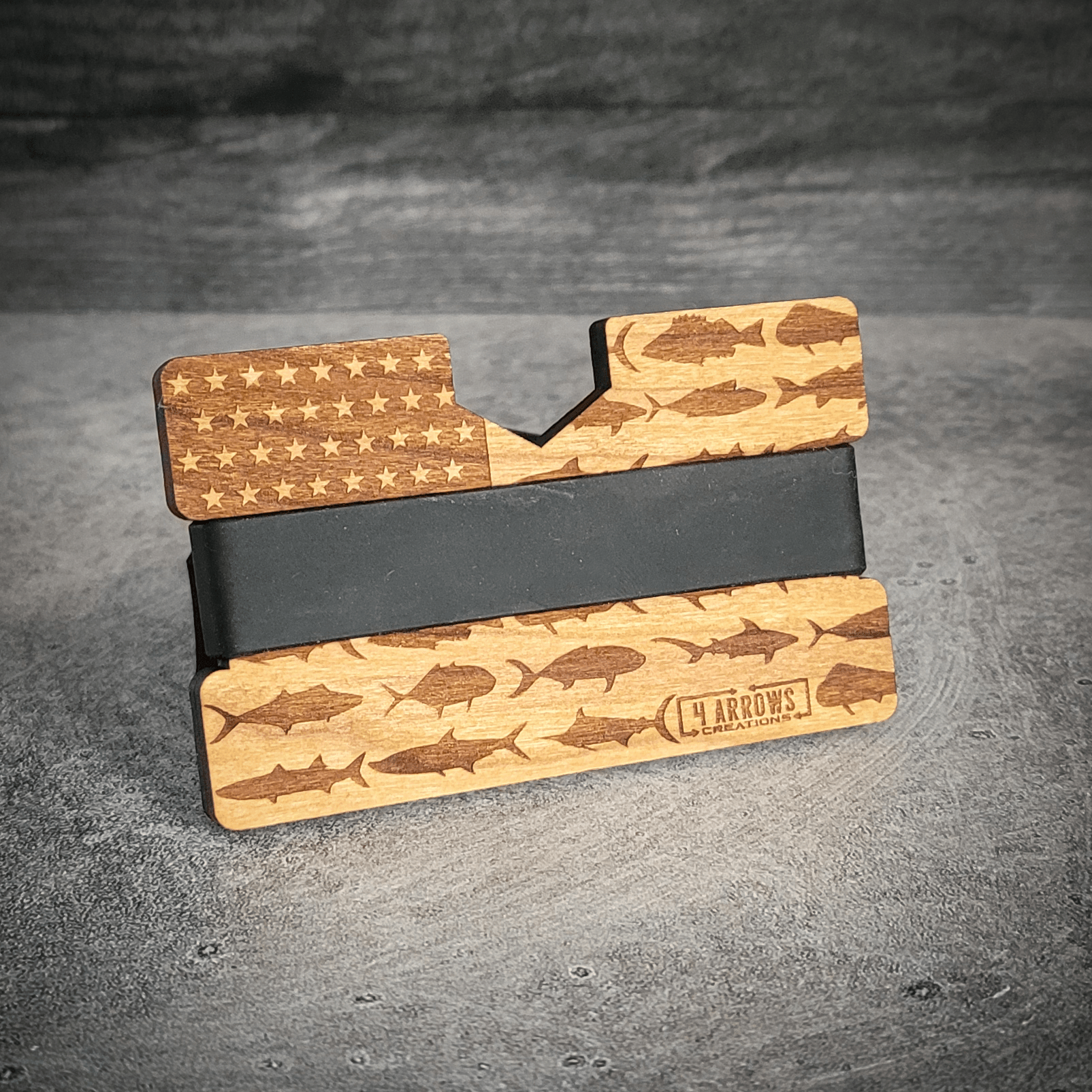 The American Angler – Fish Flag Wooden Wallet - 4 Arrows Creations