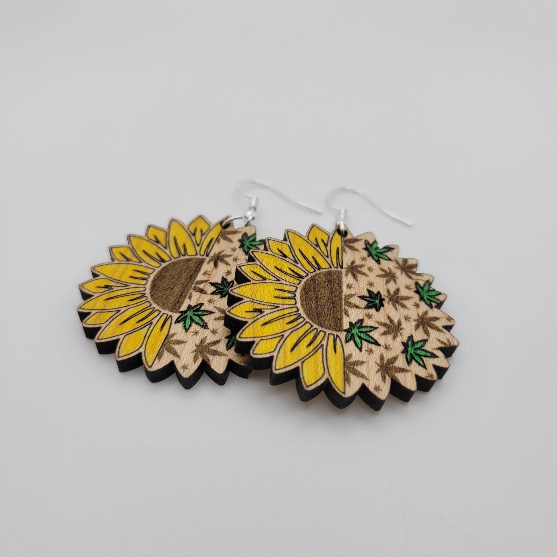 Hand Painted Sunflower Weed Leaf Wood Dangle Earrings - 4 Arrows Creations
