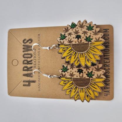 Hand Painted Sunflower Weed Leaf Wood Dangle Earrings - 4 Arrows Creations