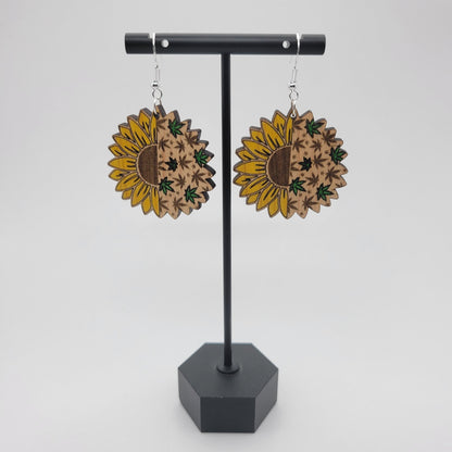 Hand Painted Sunflower Weed Leaf Wood Dangle Earrings - 4 Arrows Creations