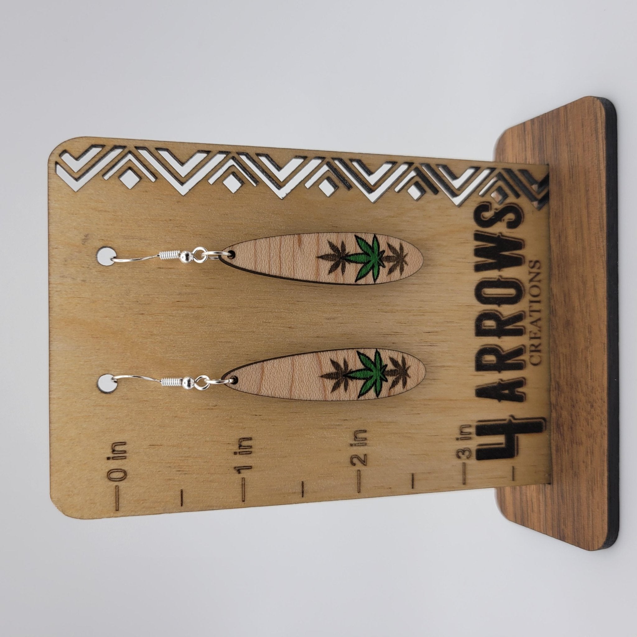 Hand Painted Weed Leaf Wood Dangle Earrings - 4 Arrows Creations