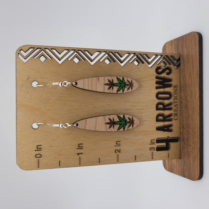 Hand Painted Weed Leaf Wood Dangle Earrings - 4 Arrows Creations