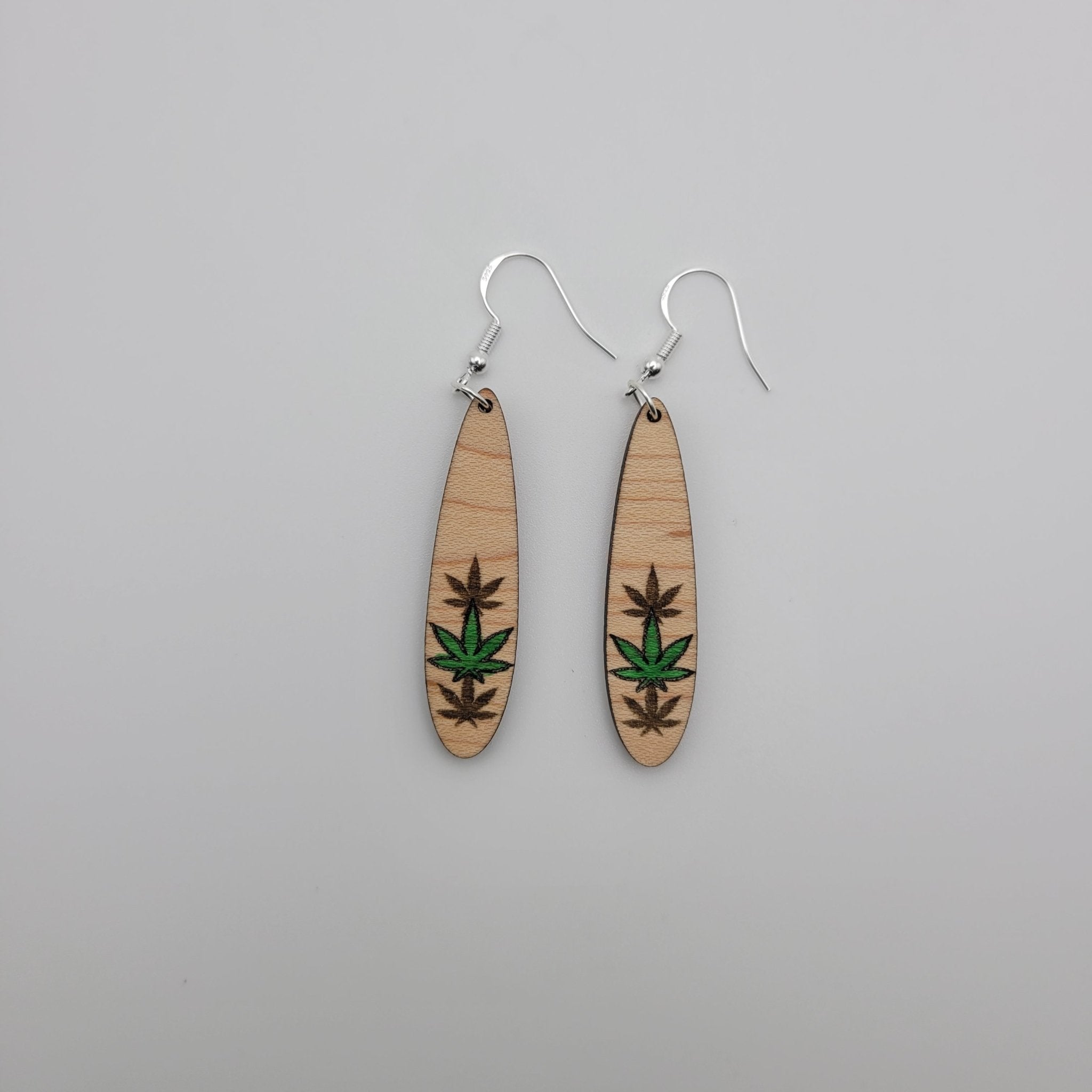 Hand Painted Weed Leaf Wood Dangle Earrings - 4 Arrows Creations
