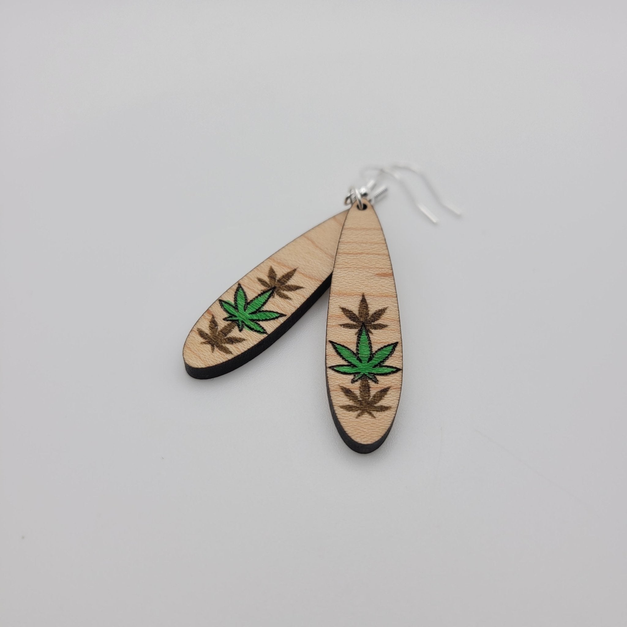 Hand Painted Weed Leaf Wood Dangle Earrings - 4 Arrows Creations