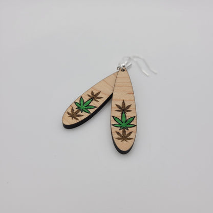 Hand Painted Weed Leaf Wood Dangle Earrings - 4 Arrows Creations