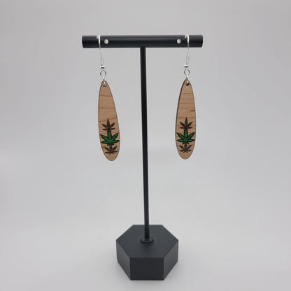 Hand Painted Weed Leaf Wood Dangle Earrings - 4 Arrows Creations