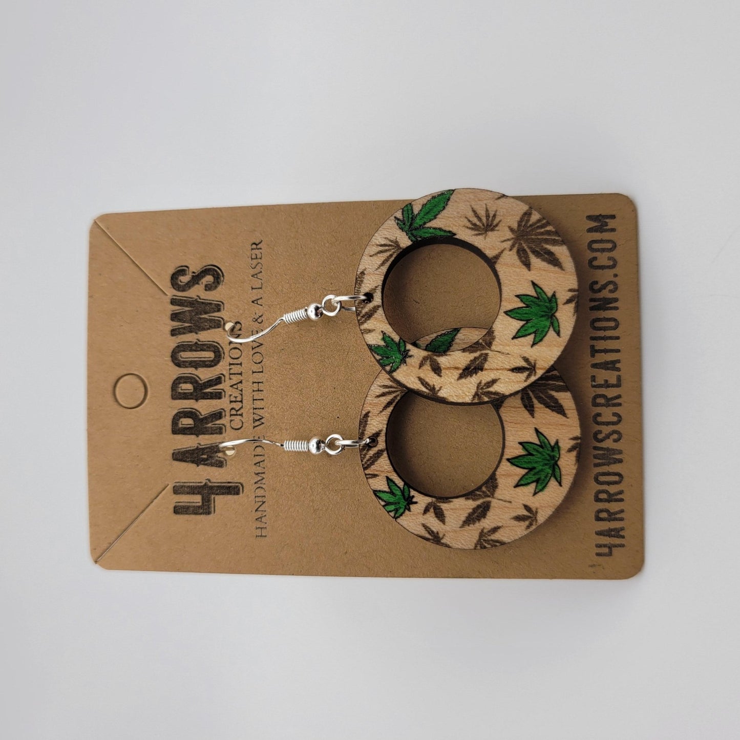 Hand Painted Weed Leaf Wood Dangle Earrings Round - 4 Arrows Creations