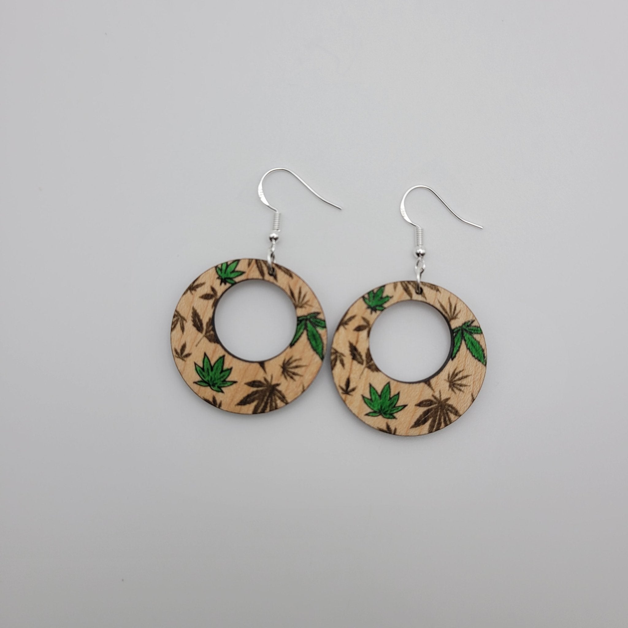 Hand Painted Weed Leaf Wood Dangle Earrings Round - 4 Arrows Creations