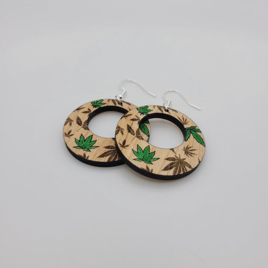 Hand Painted Weed Leaf Wood Dangle Earrings Round - 4 Arrows Creations